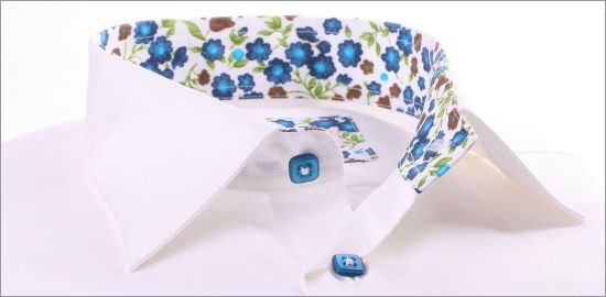 White shirt with blue and brown flowers collar and blue buttons