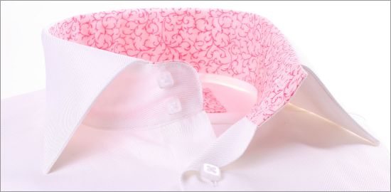 White shirt with pink patterns collar and cuffs