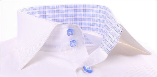 White shirt with white and blue checked collar and blue buttons