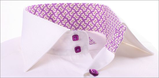 White shirt with purple floral collar and cuffs and purple buttons