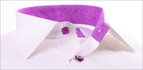 White shirt with purple patterns collar and cuffs and purple buttons