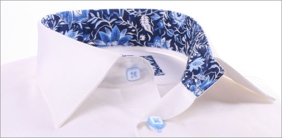 White shirt with blue flowers collar and cuffs and blue buttons