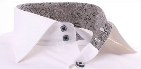 White shirt with grey patterns collar and grey buttons
