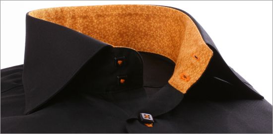 Black slim fit shirt with light brown patterns collar and cuffs