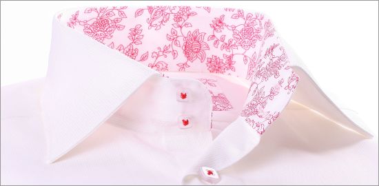 White shirt with red floral collar and cuffs