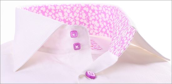 White shirt with lilac patterns collar and cuffs and lilac buttons