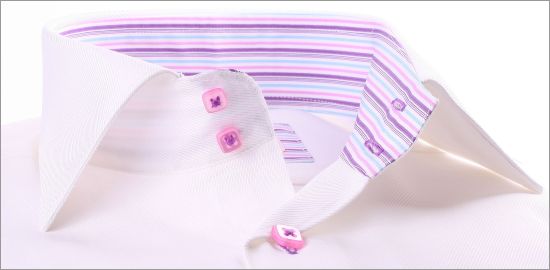 White shirt with multicolored stripes collar and cuffs and pink buttons