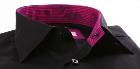 Black slim fit shirt with fushia patterns collar and cuffs