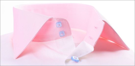 White slim fit shirt with pink collar and cuffs, blue sleeves and buttons