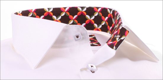 White shirt with orange and brown patterns intern collar