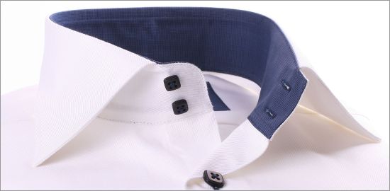 White shirt with navy blue collar, cuffs and buttons
