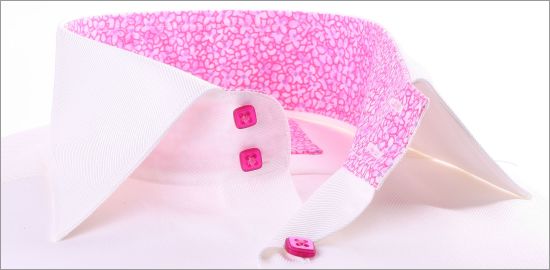 White french cuff shirt with pink floral collar and cuffs and pink buttons