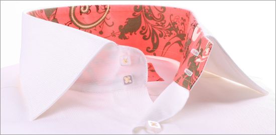 White shirt with salmon-pink and brown patterns collar and cuffs