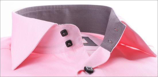 Pink french cuff shirt with grey collar, cuffs and buttons