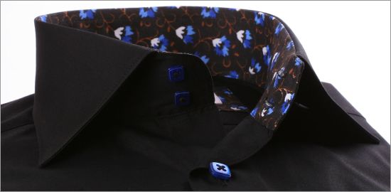 Black slim fit shirt with blue flowers collar and cuffs and blue buttons
