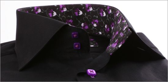 Black slim fit shirt with purple flowers collar and napolitan cuffs