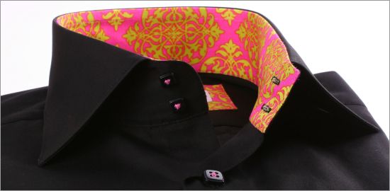 Black slim fit shirt with pink and light green patterns collar and cuffs