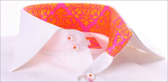 White shirt with orange and pink patterns collar and cuffs