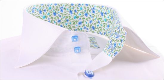 White shirt with blue and green liberty collar and blue buttons