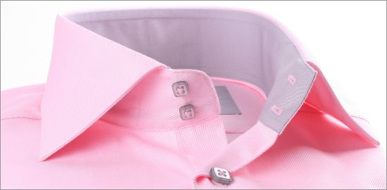 Pink shirt with grey collar, cuffs and buttons