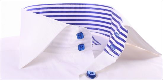 White slim fit shirt with blue stripes collar and cuffs and blue buttons