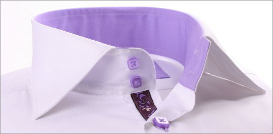 White with lilac collar and cuffs and purple ribbon shirt