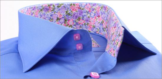 Medium blue with pink and lilac flowers collar and cuffs shirt