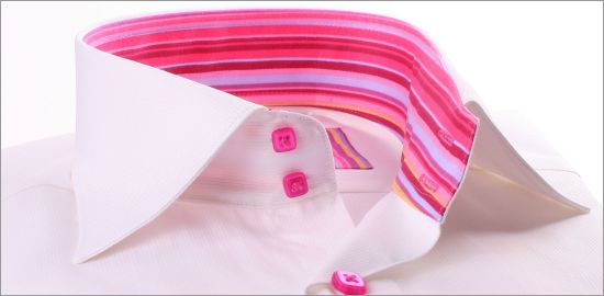 White with pink and lilac striped collar and cuffs shirt