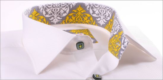 White shirt with grey, white and yellow patterns collar and cuffs