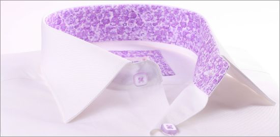 White shirt with lilac floral collar and cuffs