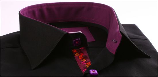 Black shirt with purple collar and cuffs and a floral purple ribbon