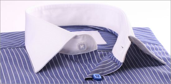 Dark blue with white stripes shirt and white collar and cuffs