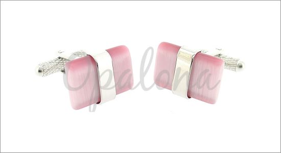 Rectangular cufflinks with a pink cat's eye