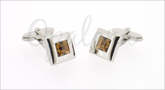 Square cufflinks with a brown crystal