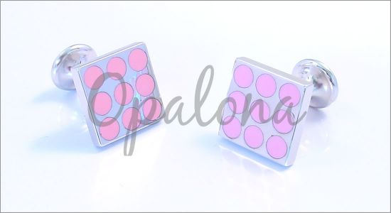 Square cufflinks with pink enamel dots