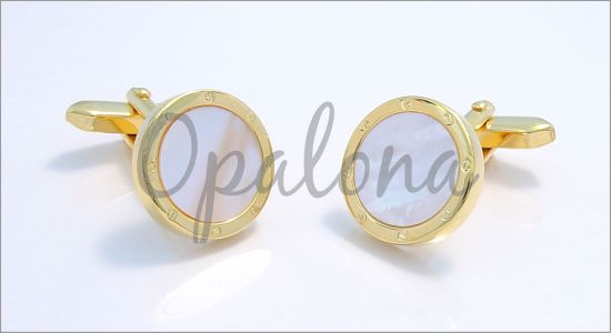 Gilded oval cufflinks with screws and a mother of pearl core
