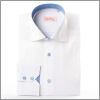 White shirt with a blue stripped collar