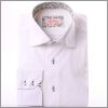 White shirt with blue green leafs collar and cuffs and dark green button holes