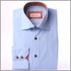 Chemise bleue � col et poignets � motifs marrons et boutons marrons