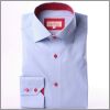 Chemise bleue � col et poignets � motifs rouges et boutons rouges