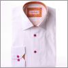 Chemise cintr�e blanche � col et poignets � motifs fushias et verts et boutons fushias