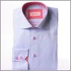 Blue shirt with pink floral collar and pink buttons