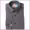 Dark grey with thin white stripes and turquoise patterns collar shirt