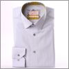 Chemise � fines rayures blanches et grises, col et poignets � motifs jaunes et gris