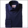 Chemise bleu marine � fines rayures bleues, col et poignets � motifs fleuris bleus 