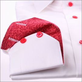 White slim fit shirt with red floral collar and cuffs and red buttons