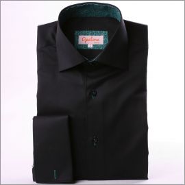 Chemise noire, col et poignets mousquetaires à motifs bleus verts
