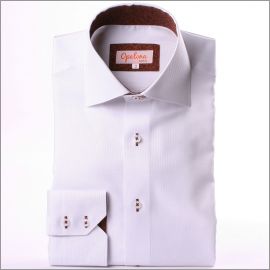 Chemise blanche à col et poignets à motifs fleuris marrons et boutonnières marrons