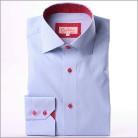 Blue slim fit shirt with red patterns collar and cuffs and red buttons