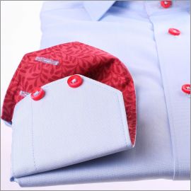 Blue slim fit shirt with red patterns collar and cuffs and red buttons